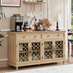Joaxswe Farmhouse Sideboard Buffet Cabinet with Storage,59" Large Credenza with 4 Glass Doors & 2 Drawers,Adjustable Shelves Console Table,Wood Kitchen Coffee Bar for Dining Room,Living Room,Natural