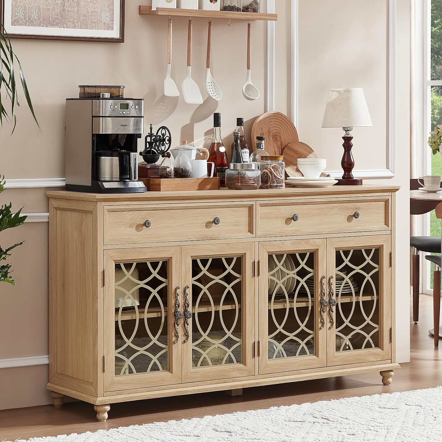 Joaxswe Farmhouse Sideboard Buffet Cabinet with Storage,59" Large Credenza with 4 Glass Doors & 2 Drawers,Adjustable Shelves Console Table,Wood Kitchen Coffee Bar for Dining Room,Living Room,Natural