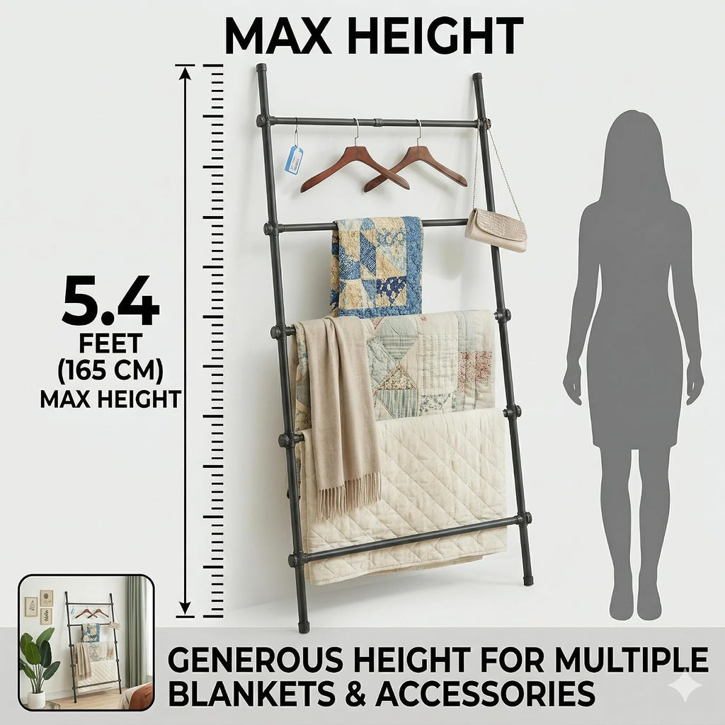 Blanket Ladder Black Expandable Width (17.3-32.3 inch) 5.4 Ft Tall 5 Rungs Metal Quilt Holder Rack Wall Leaning Strong Load Capacity, Modern Farmhouse Decor Easy Assembly for Living Room,Bedroom