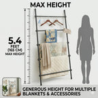 Blanket Ladder Black Expandable Width (17.3-32.3 inch) 5.4 Ft Tall 5 Rungs Metal Quilt Holder Rack Wall Leaning Strong Load Capacity, Modern Farmhouse Decor Easy Assembly for Living Room,Bedroom