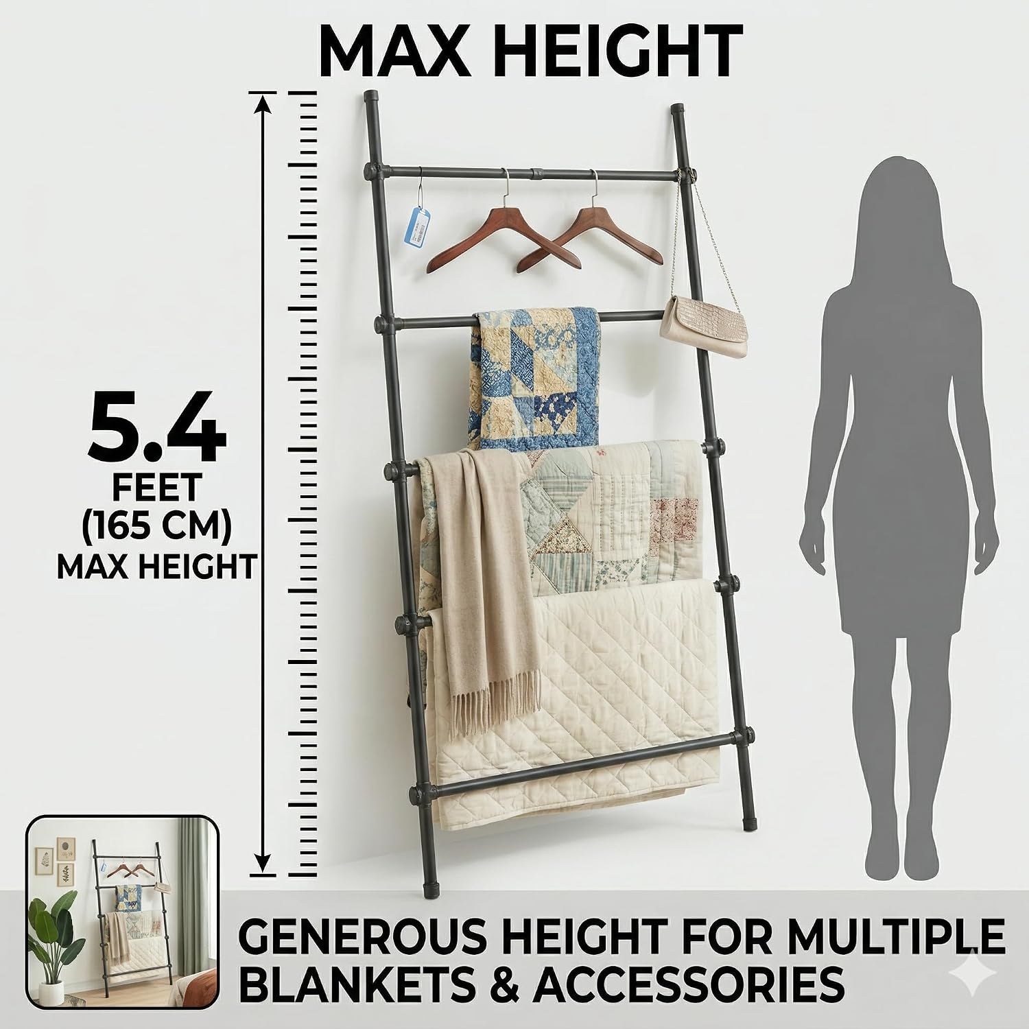 Blanket Ladder Black Expandable Width (17.3-32.3 inch) 5.4 Ft Tall 5 Rungs Metal Quilt Holder Rack Wall Leaning Strong Load Capacity, Modern Farmhouse Decor Easy Assembly for Living Room,Bedroom