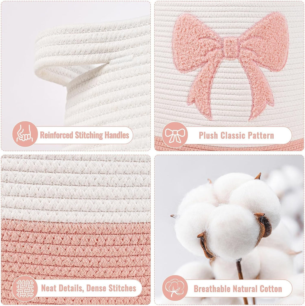 Large Baby Laundry Hamper, Pink Bow Laundry Basket for Baby Girl, Toy and Blanket Storage Basket for Nursery and Playroom, Cotton Rope Hamper for Kids, 17.7"x15.7"