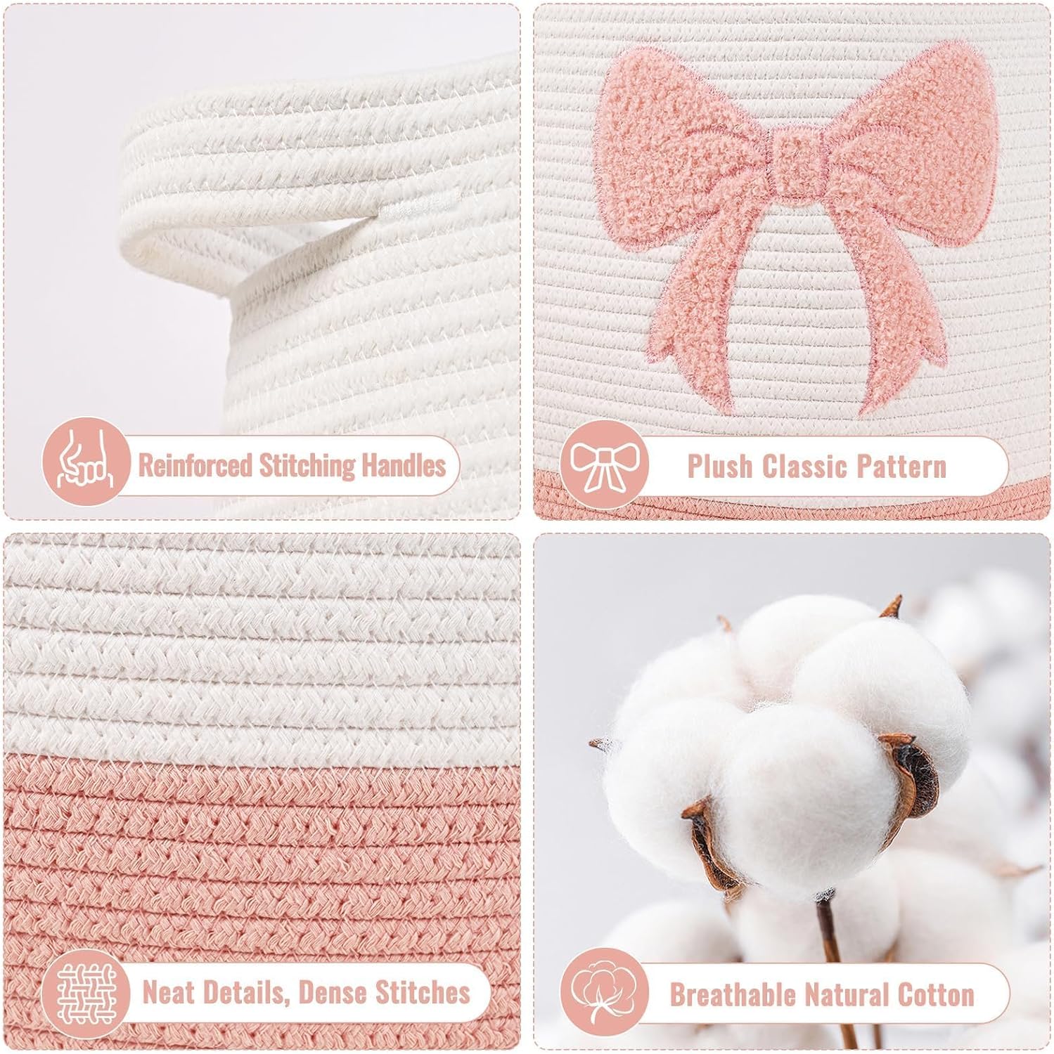Large Baby Laundry Hamper, Pink Bow Laundry Basket for Baby Girl, Toy and Blanket Storage Basket for Nursery and Playroom, Cotton Rope Hamper for Kids, 17.7"x15.7"