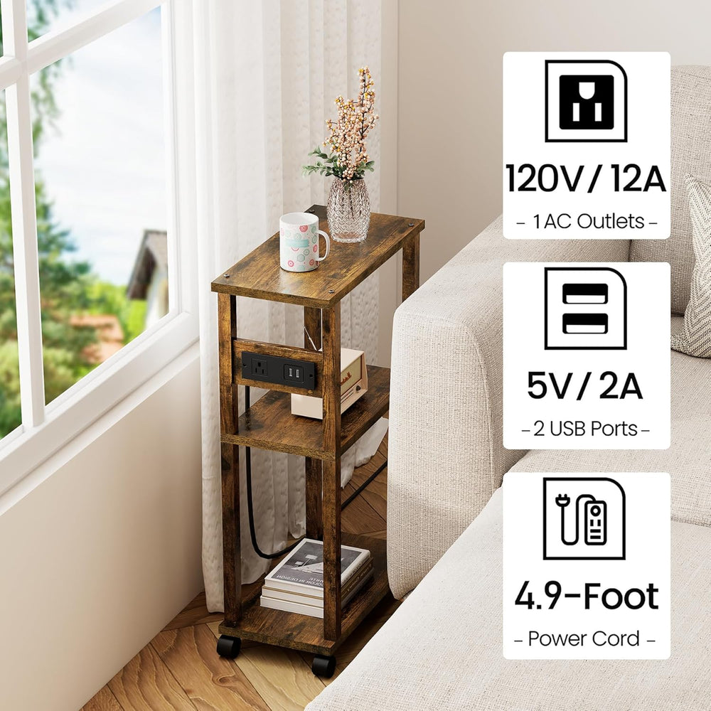TUTOTAK Small Narrow Side Table with Charging Station, Skinny End Table for S...