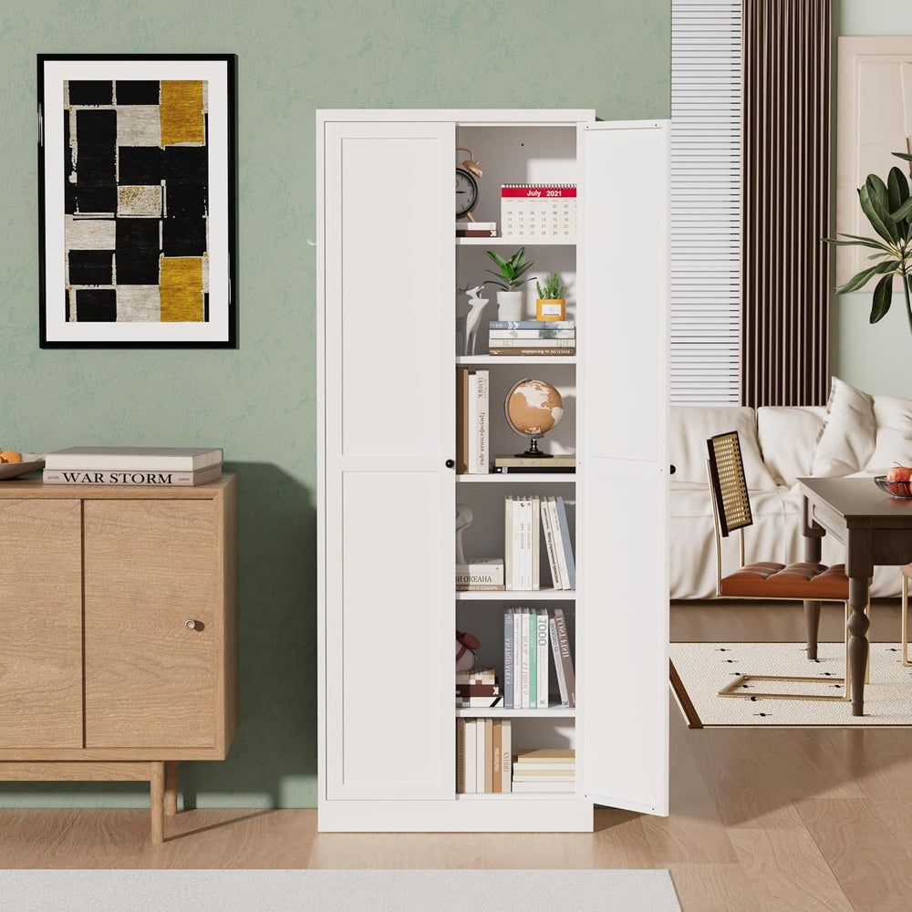 72" White Metal Kitchen Pantry Cabinet with Doors & 5 Adjustable She...