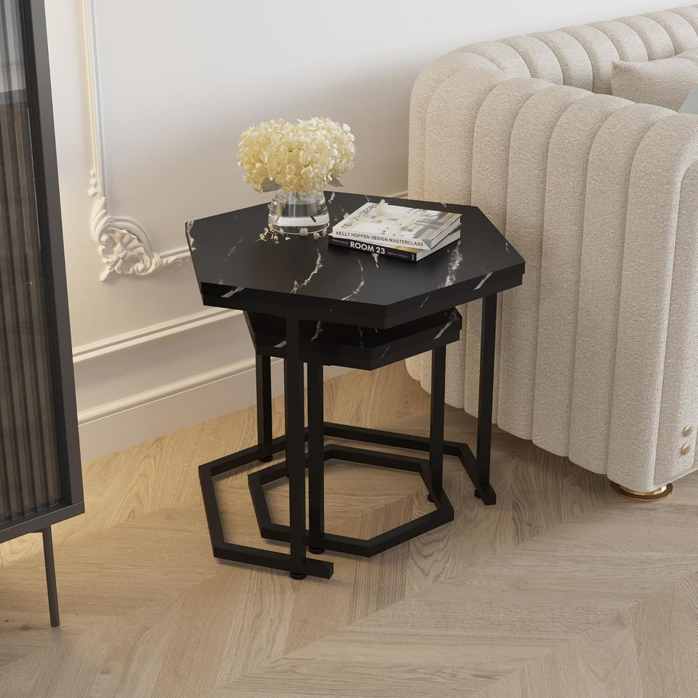 Hexagon Nesting Side Tables Set of 2, Black Marble | Space-saving hexagon nes...