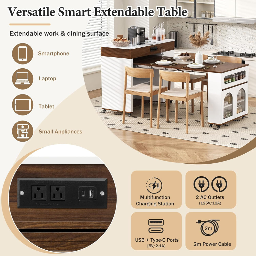 Extendable Dining Table with Extra-Long Folding Top, Rolling Kitchen Island w...
