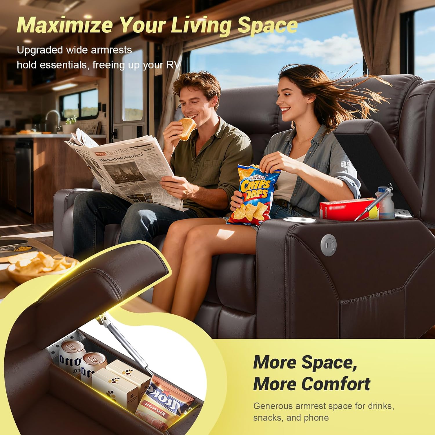 RV Loveseat Recliner Sofa, 3 Seater Reclining Sofa with Flip Back Console, Modern Reclining Couch with USB Ports, Cup Holders, Insert Pockets, RV Recliners for Travel Trailers & Living Room