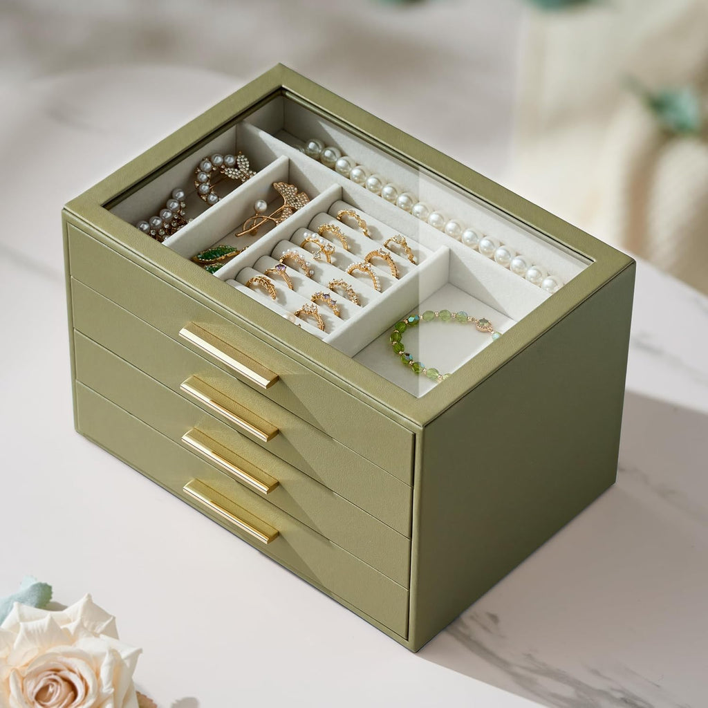 Jewelry Box Organizer Case for Women: 4-Layer Jewelry Storage Case with Glass Window, Olive Green Leather with Cream Velvet, Holder for Ring Necklace Bracelet Brooch Watch, Great Gift for Her
