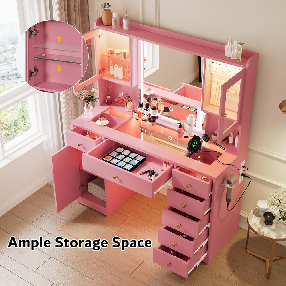 iPormis Vanity Desk with Mirror and Lights, Glass Top Makeup Vanity with RGB ...