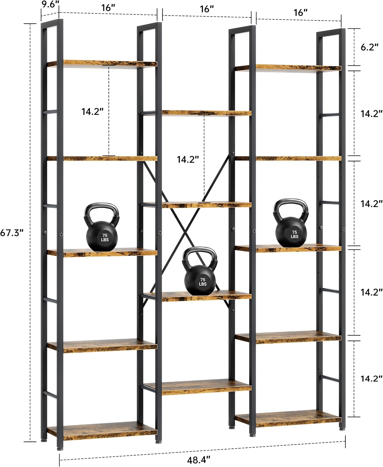Shintenchi Triple Column 5 Tier Bookshelf, Industrial Large Bookcase Display Shelves, Large Etagere Bookshelf,Wide Book Shelf Book Case for Home & Office, Rustic Brown
