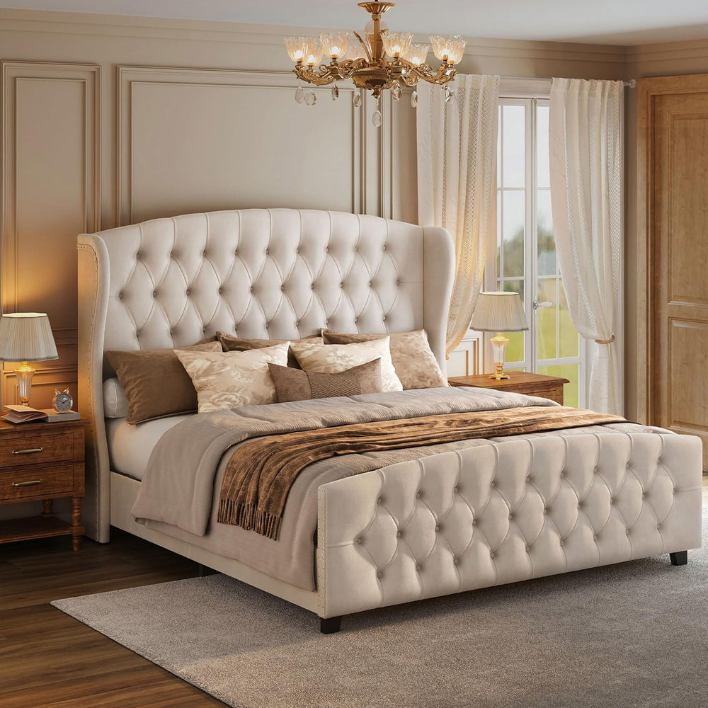 VASAGLE King Platform Bed Frame, Upholstered, Wooden Slats