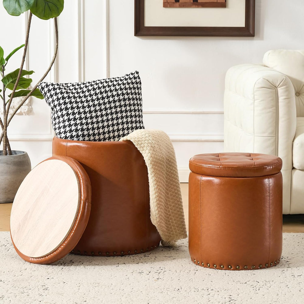 Royal Windsor Round Ottoman with Storage Set of 2, Faux Leather Button Tufted...