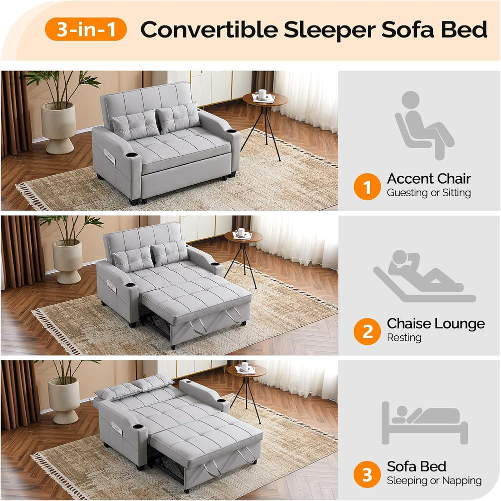 VINGLI Light Grey Futon Sofa Bed Convertible Loveseat Sleeper Couch, Faux Lea...