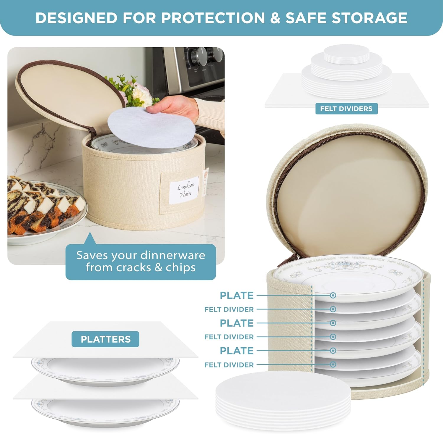 Hard Shell China Storage Containers 8-Piece Set Moving Boxes for Dinnerware, Glasses, Plates, Mugs and Saucers Sturdy Dish Organizer with Dividers for Seasonal Storage - Service for 12 - Beige