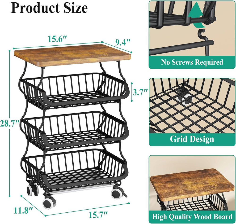 SAYZH 4-Tier Fruit and Vegetable Basket Stand for Kitchen, Wood Top, Black | ...