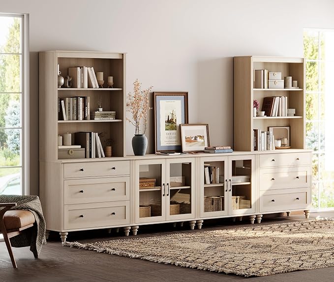 WAMPAT Entertainment Center with Bookshelves with Glass Doors & Drawer, Farmhouse Wall Unit TV Stand for TVs up to 75", Media Console Table for Living Room, Bedroom & Home Theater, Beige