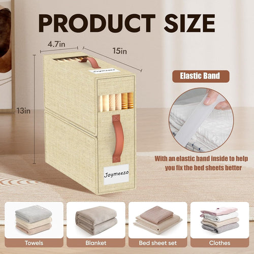 4 Pack Bed Sheet Organizers and Storage(King &Queen Size) with an Elastic Strap, Foldable Closet Linen Sheet Storage Container, Sheet Set Box for Blankets, Duvet Cover and Pillowcase, Beige