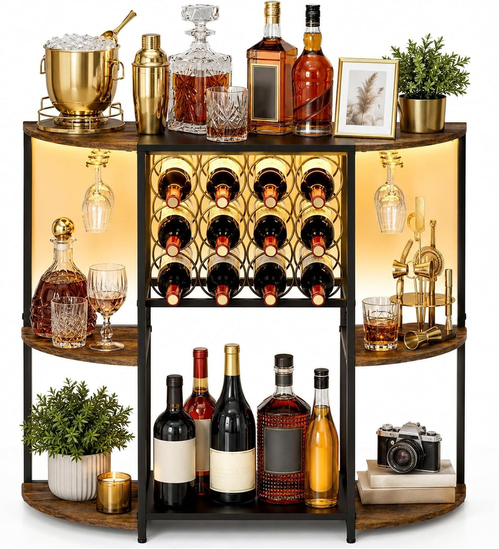 JKsmart Wine Bar Cart with LED Lights, Mini Wine Rack with Storage and Glass ...