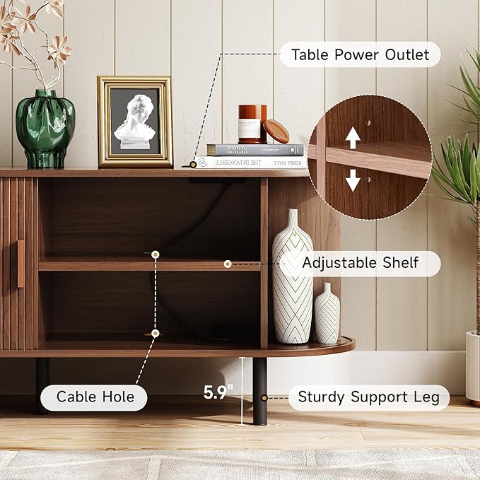 ONBRILL 55" TV Stand with Power Outlet for TVs up to 60 Inch, Entertainment Center with Storage and Adjustable Shelves, Modern Media Console with Sliding Doors for Living Room, Walnut