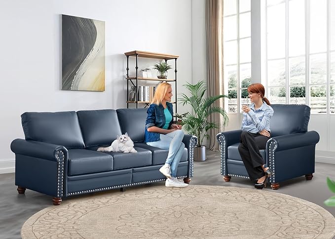 2 Piece Faux Leather Sofa Set,Modern Chair and Couch Sets with Storage,Mid Century Couch with Rivet Rolled Arm,Comfy Deep Seat Sofa,Furniture for Living Room,Office(Armchair+3 Seater,Navy Blue)