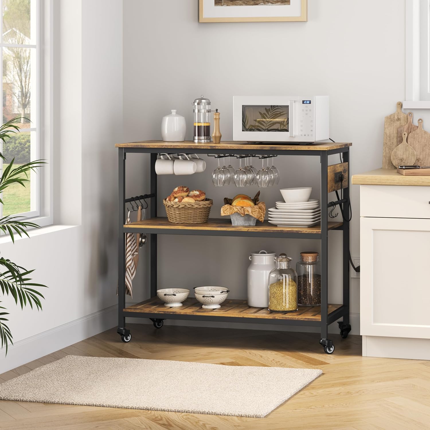 Yaheetech Kitchen Island Cart with Power Outlet, 3 Shelves, Rustic Brown | 40 Inches Rolling Kitchen Island With Storage, 3-Tier Coffee Cart with Footpads, Wine Rack Glass Holder Hooks for Dining Room