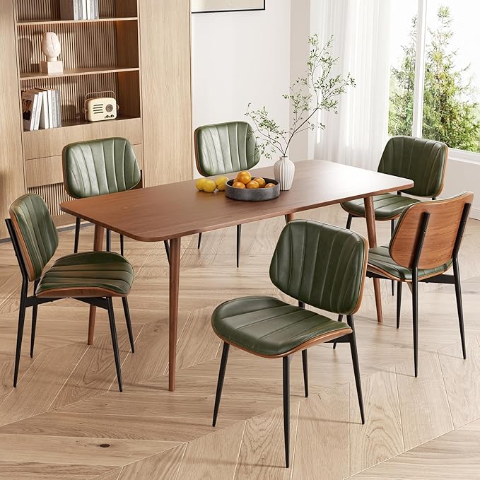 Dining Chairs Set of 6, Mid Century Modern Dining Room Chair, Upholstered Faux Leather Kitchen Chairs with Walnut Bentwood Back and Metal Legs for Kitchen Dining Room Living Room, Green