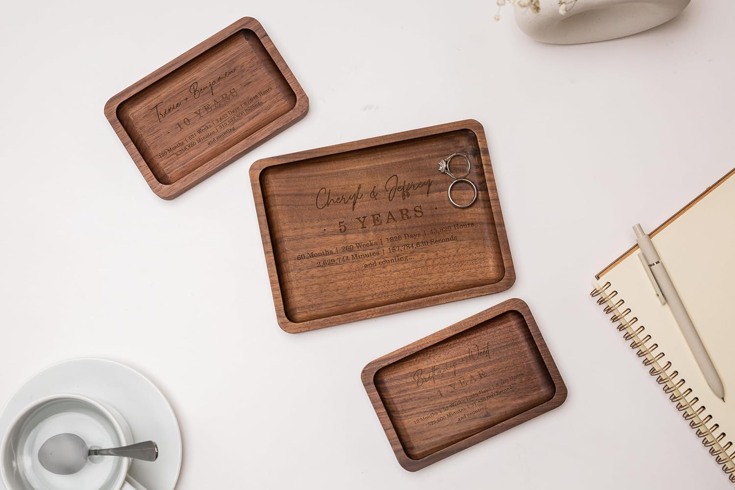 Custom 10th Year Custom Engraved Rec Tray - Custom Engraved Walnut Wooden Tray with Couple’s Names for Tenth Wedding Anniversary, Romantic Keepsake Gift for Him or Her