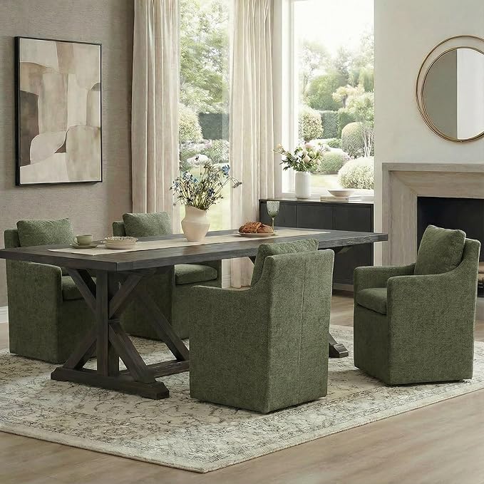 Upholstered Dining Chairs with Casters, No Assembly Modern Accent Armchair wi...