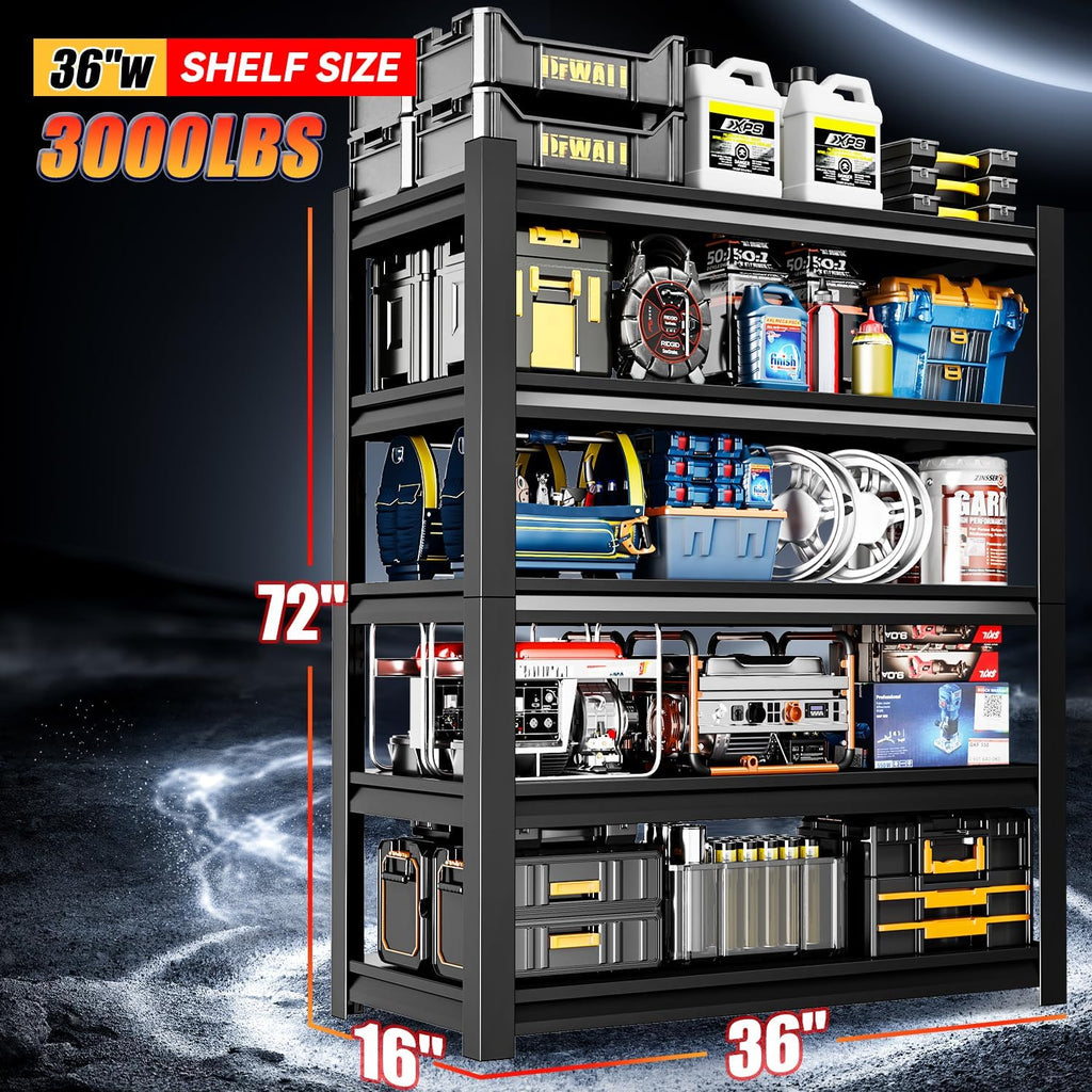36" W Garage Shelving,5-Tier Heavy Duty Shelving Unit,3000LBS Adjustable Metal Storage Shelves,Storage Rack Units for Industrie,Shed,Warehouse,Basement,Black,36" W x 16" D x 72" H