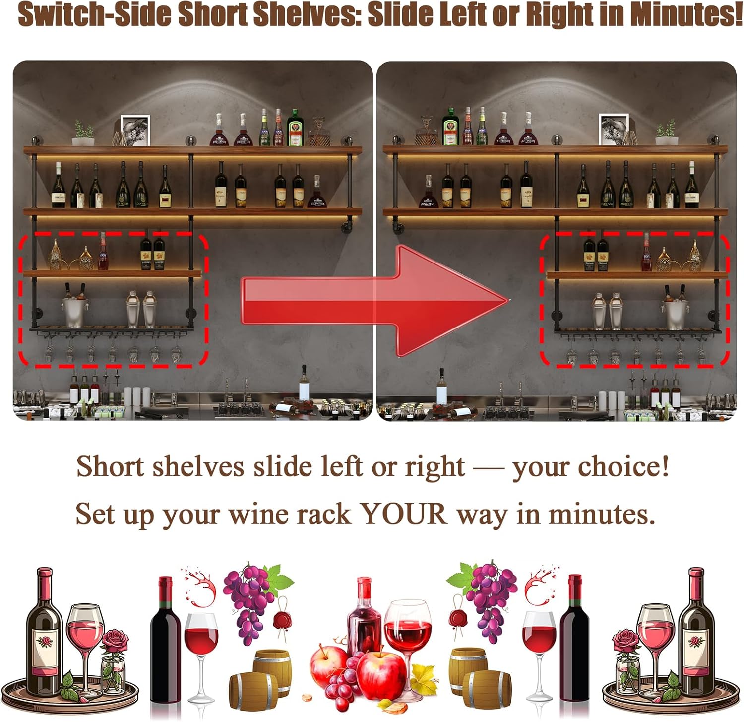 Solid Wood Wall Mounted Wine Rack, Large Wine Rack with LED Light, 4 Tiers Liquor Bottles Floating Shelves with Glass Holder, Industrial Bar Shelves for Home Bar Dining Room (51.2 IN/ 130CM)