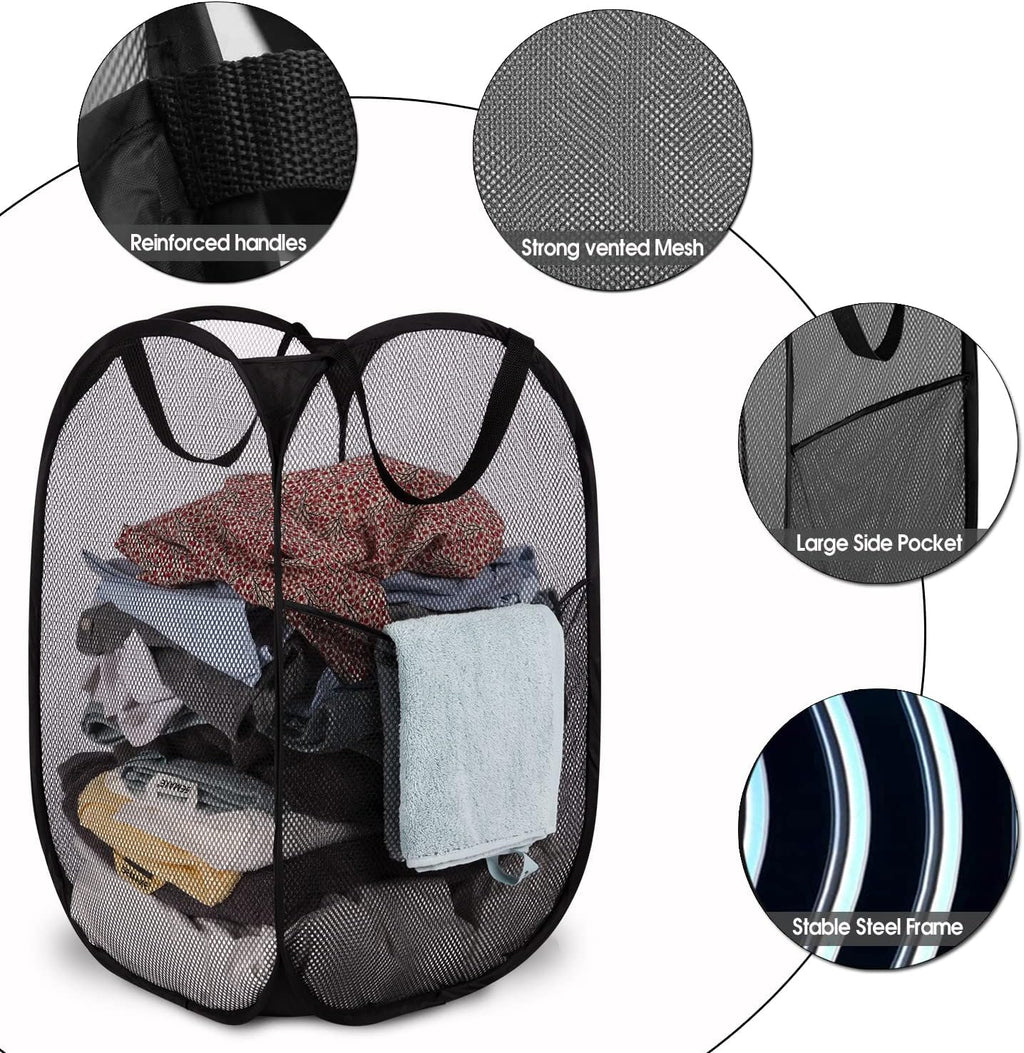 BATTOO Deluxe Strong Mesh Pop up Laundry Hamper Basket with Side Pocket Foldable Hamper for Laundry Room, Bathroom, Kids Room, College Dorm or Travel Navy + Black