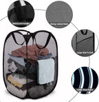 BATTOO Deluxe Strong Mesh Pop up Laundry Hamper Basket with Side Pocket Foldable Hamper for Laundry Room, Bathroom, Kids Room, College Dorm or Travel Navy + Black