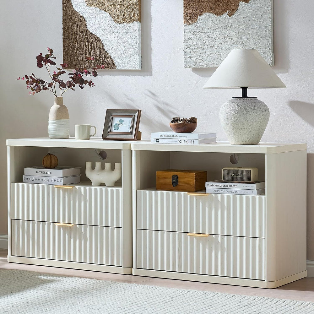 LEYAOYAO 31" Wide Fluted Nightstand Set of 2 with Charging Station, Over...