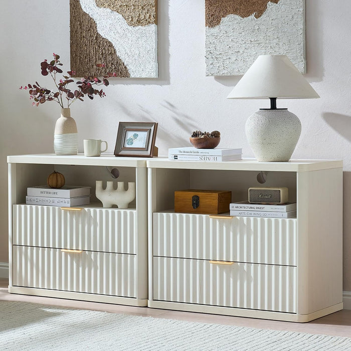 LEYAOYAO 31" Wide Fluted Nightstand Set of 2 with Charging Station, Oversized Extra Large 2 Drawers Night Stand, Antique White Bedside Table,Tall End Tables,Modern Chest of Drawer Dressers for Bedroom