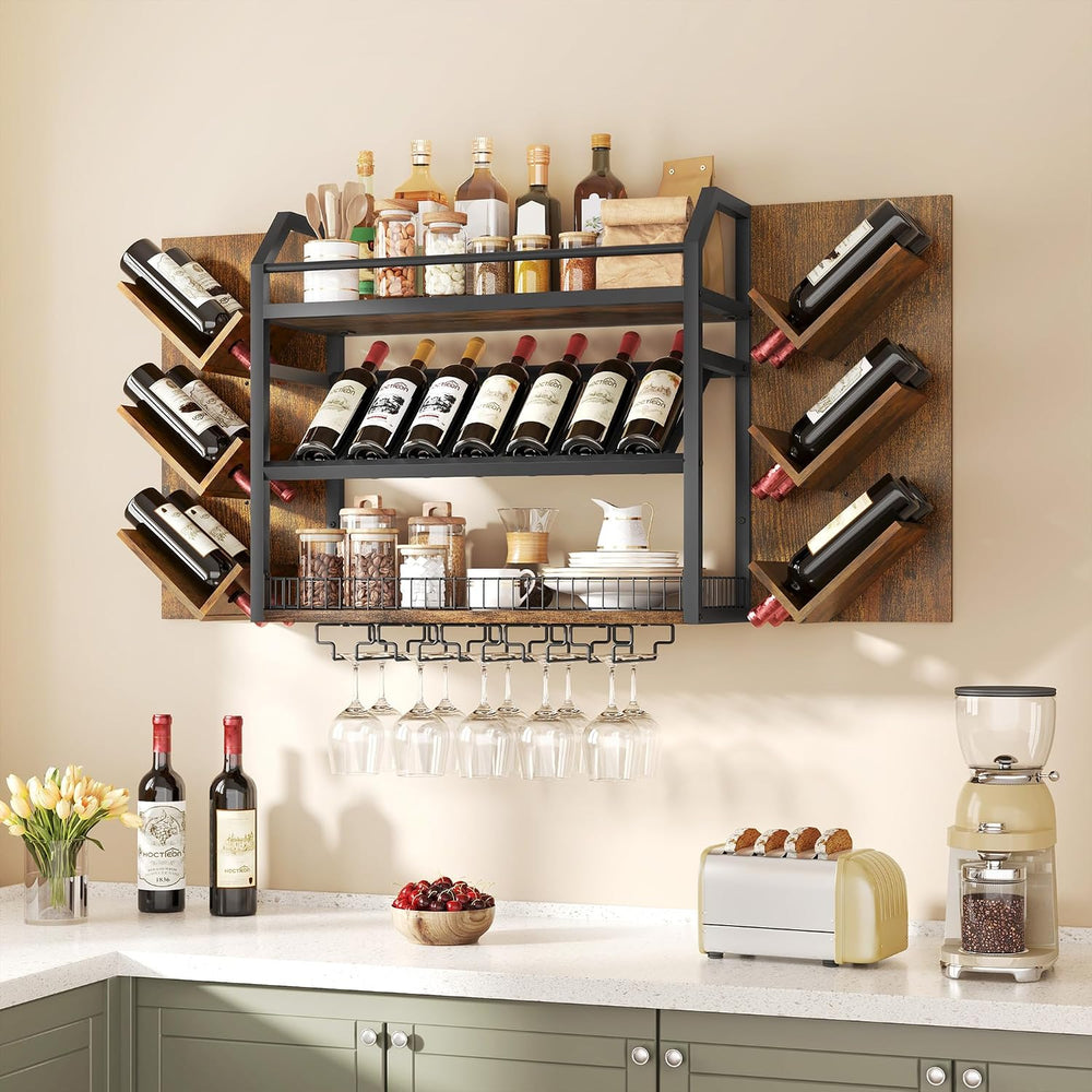Hoctieon 48.6in Wall Mounted Wine Rack, 3 Tier Hanging Wine Racks with Glass ...