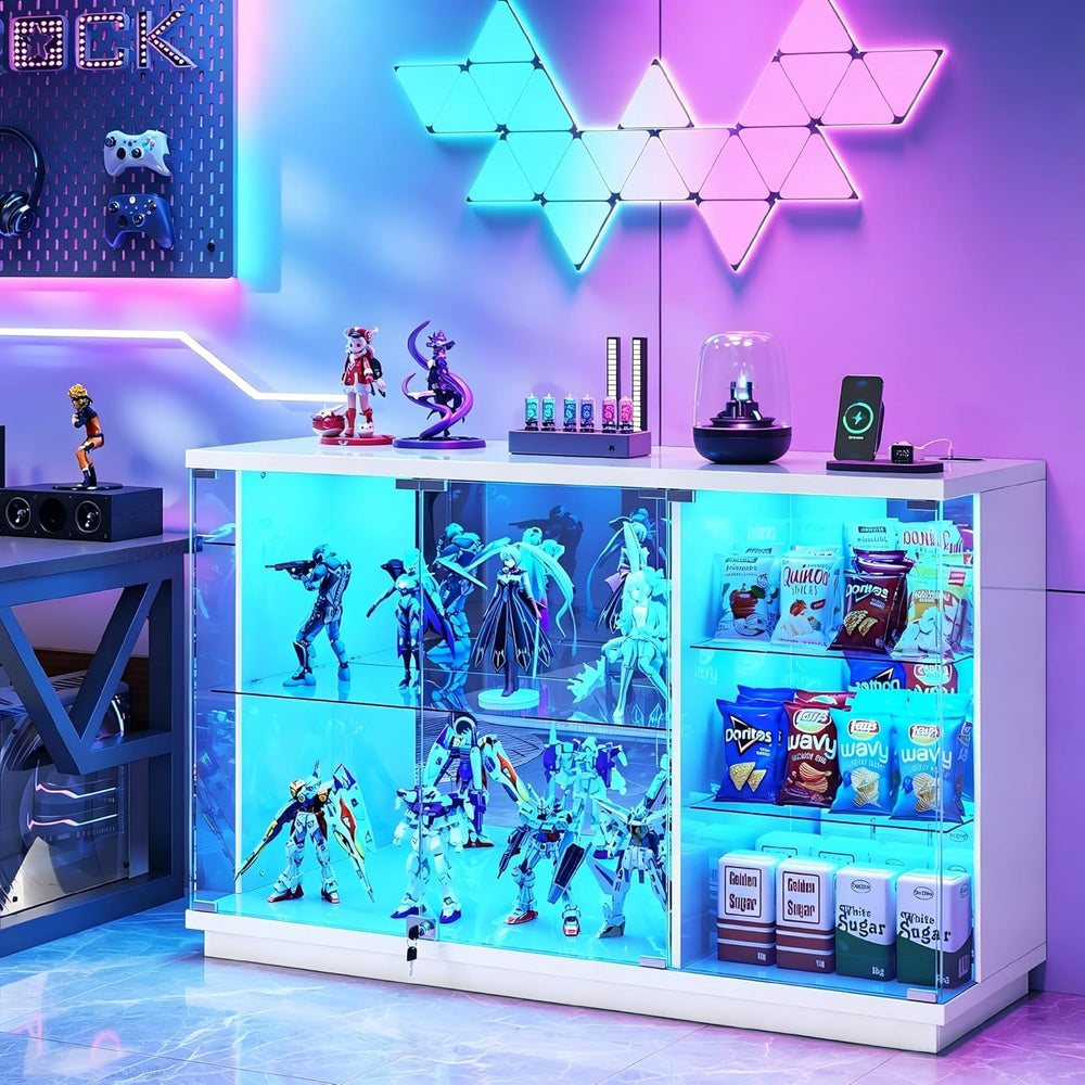 Gurexl 47.2" W Glass Display Cabinet with 3-Color LED Lights, 5-Tier Loc...