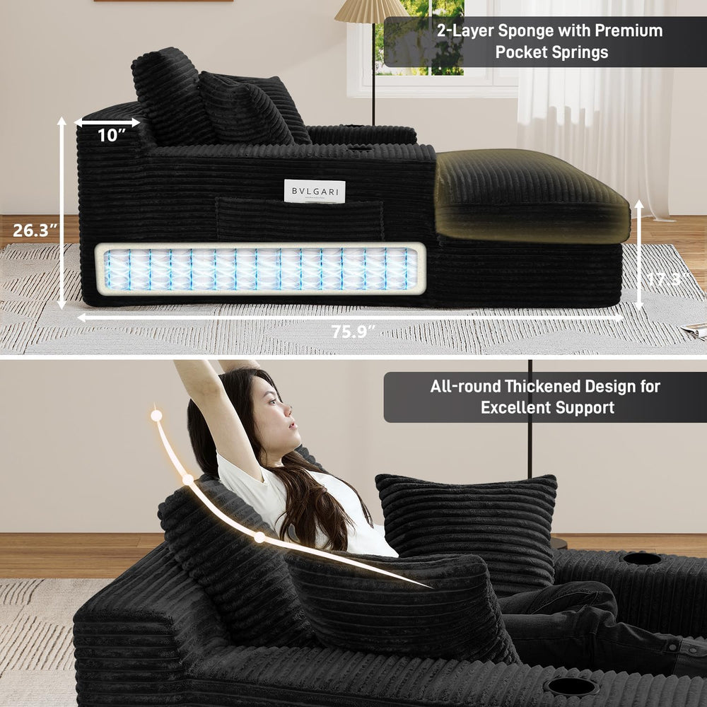 75.9"D Oversized Chaise Lounge Chair Indoor with Cup Holders,Black