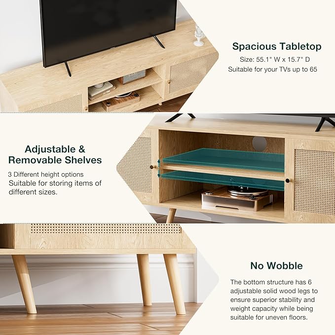 TV Stand for TVs up to 65'', Entertainment Center With Rattan Door, S...