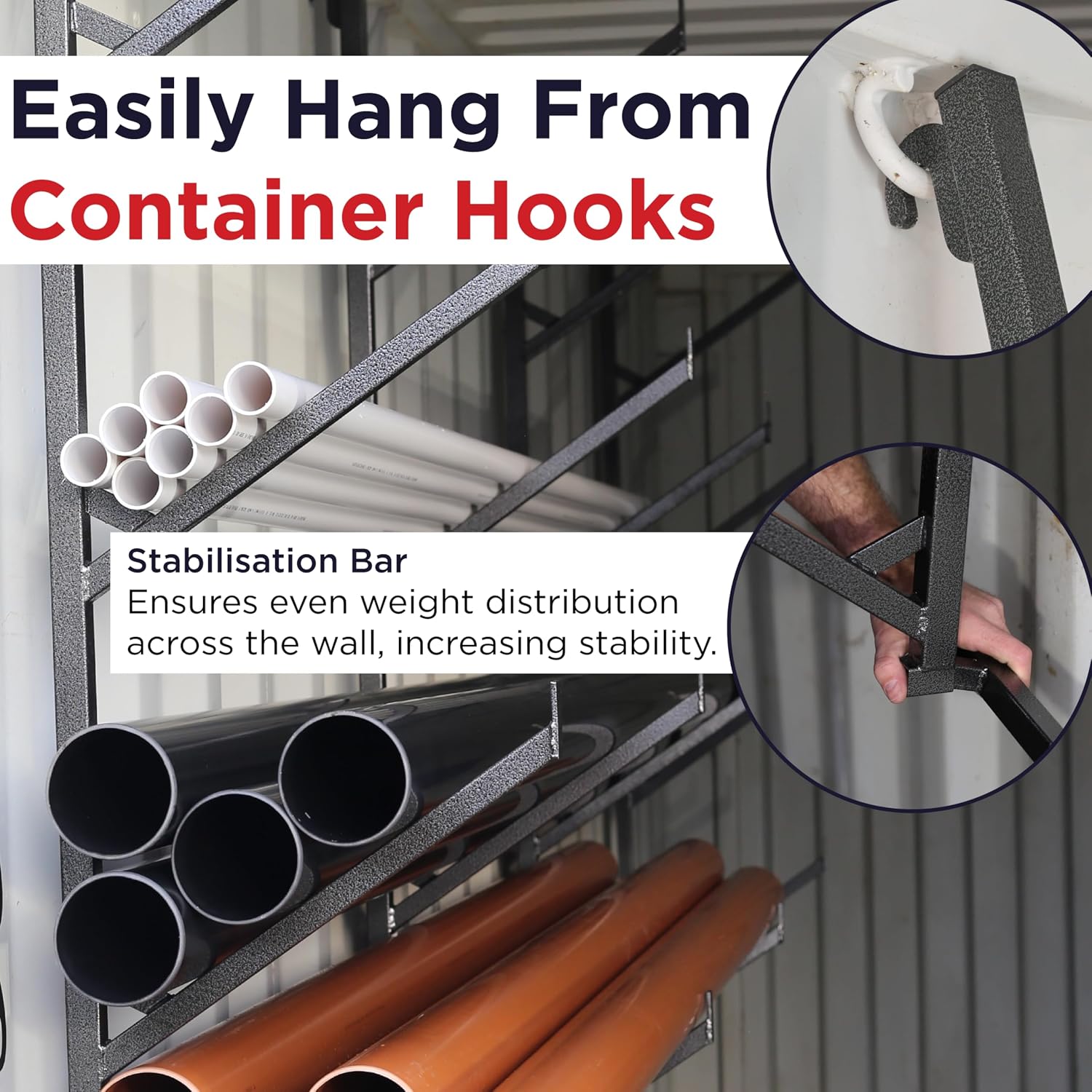 OAKMOORE Shipping Container Pipe Rack - Heavy Duty 4 Pack Shipping Container Pipe Storage Shelves for Jobsites - Conex Compatible - No Drilling Required