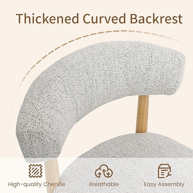 VKNOW Wooden Dining Chairs Set of 2, Modern Upholstered Dining Room Chairs with Rubberwood Legs and Curved Backrest, Fabric Kitchen Chairs for Farmhouse/Living Room/Dining Room, Heathered Off-White