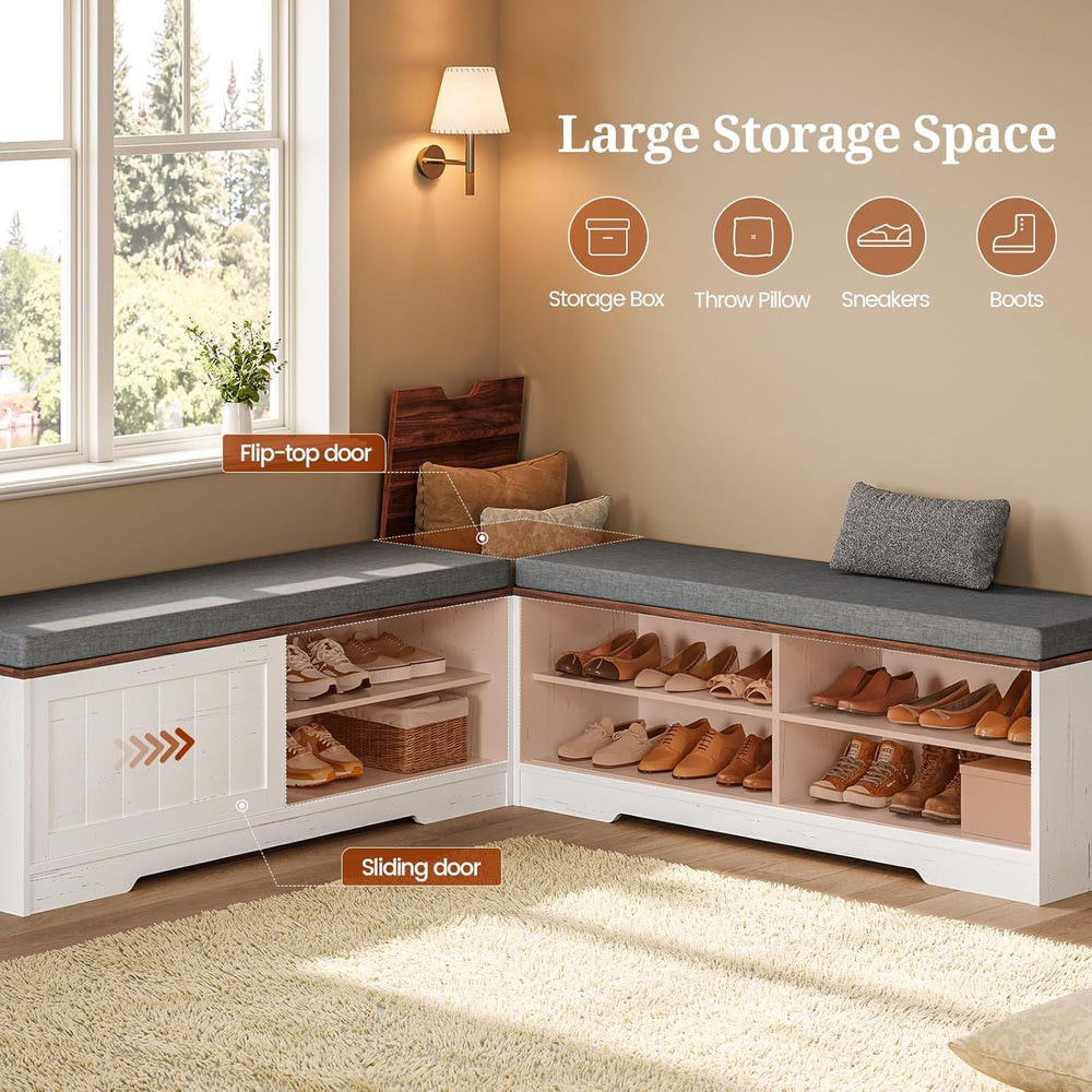 UPOSOJA Farmhouse L Shaped Corner Shoe Storage Bench with Cushion Entryway Sh...