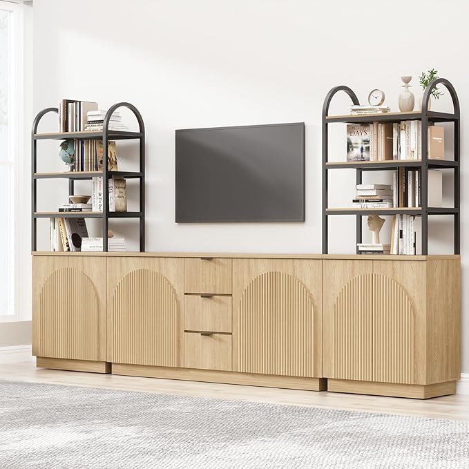 Yechen 122" Modular Entertainment Center with Bookshelves for up to 65", Mid-Century Modern TV Stand with Storage and Drawers, TV Cabinet with Adjustable Shelves, Living Room, Natural Oak (3 PCS)