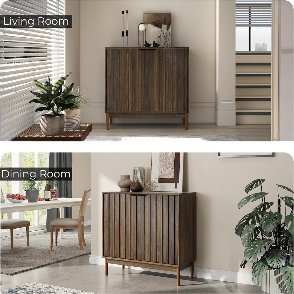Fluted Buffet Cabinet with Storage, Small Accent Cabinet, Brown