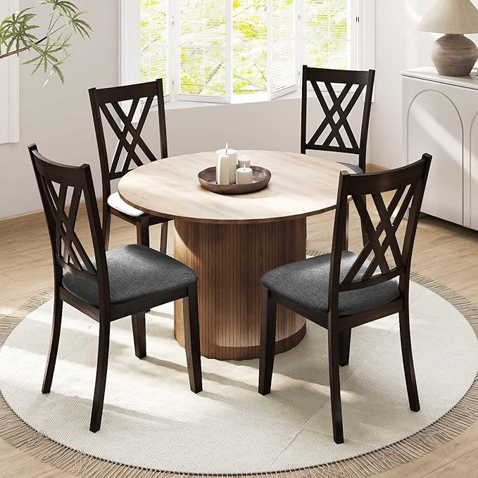 Giantex Wooden Dining Chairs Set of 4, Linen Fabric Upholstered Kitchen Chair w/Rubber Wood Frame, Wide Padded Seat, Curved Cross Back, Farmhouse Side Chairs for Living Room Restaurant, Dark Gray