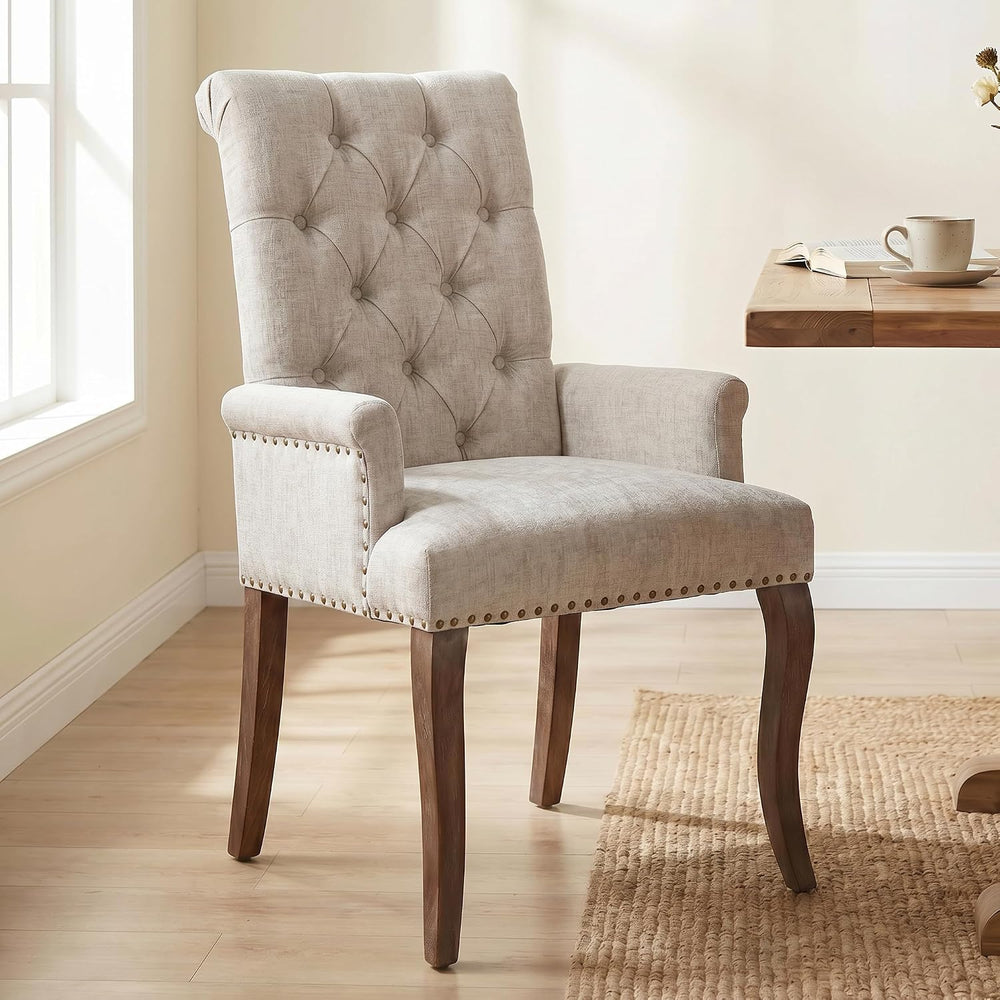 Upholstered Dining Chairs with Arms, Greyish Beige, 1 Pack | Tufted Chenille ...