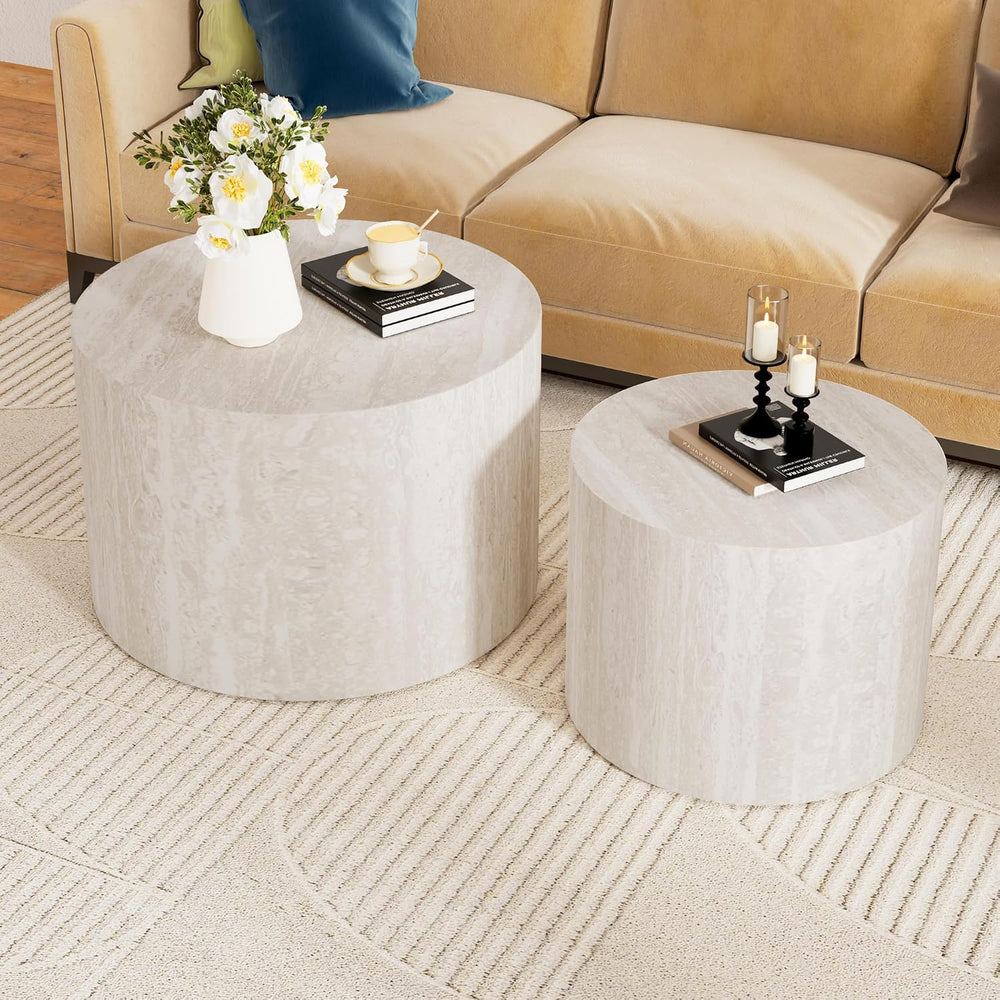 18 inch Round Travertine Nesting Coffee Table Set of 2, Terrazzo | Travertine...