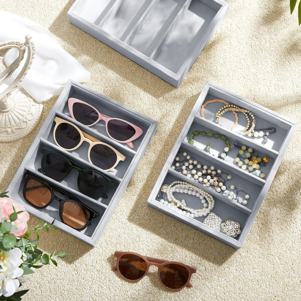 4 Pcs Gray Sunglass Organizer Trays 4 Grids Velvet Glasses Holder Jewelry Display Organizer Eyeglasses Storage Box Drawer