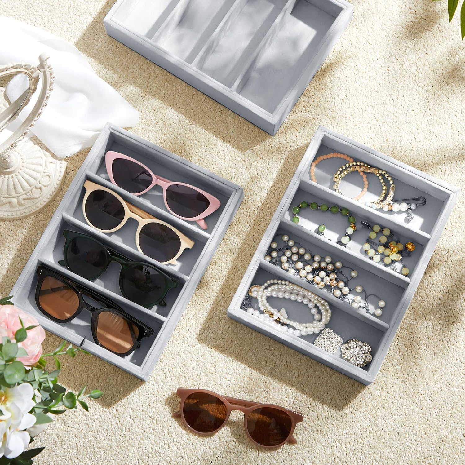 4 Pcs Gray Sunglass Organizer Trays 4 Grids Velvet Glasses Holder Jewelry Display Organizer Eyeglasses Storage Box Drawer