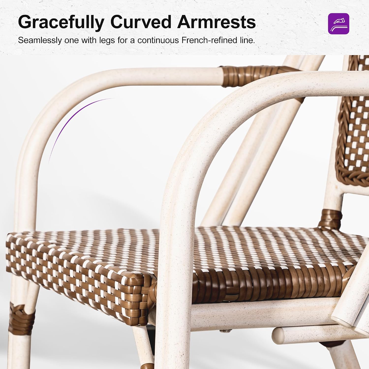 PURPLE LEAF Rattan French Bistro Armchairs Set of 2, White Finish, Brown | Paris Cafe Inspired Design, Supportive Seat for Comfort, Easy Move Aluminum Build, Easy Cleaning Less Hassle, Stackable